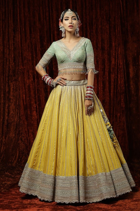 Shikhar Sharma_Yellow Silk, Chanderi, Net Crystals, Pearls, Embroidery Bridal Lehenga Set _at_Aza_Fashions