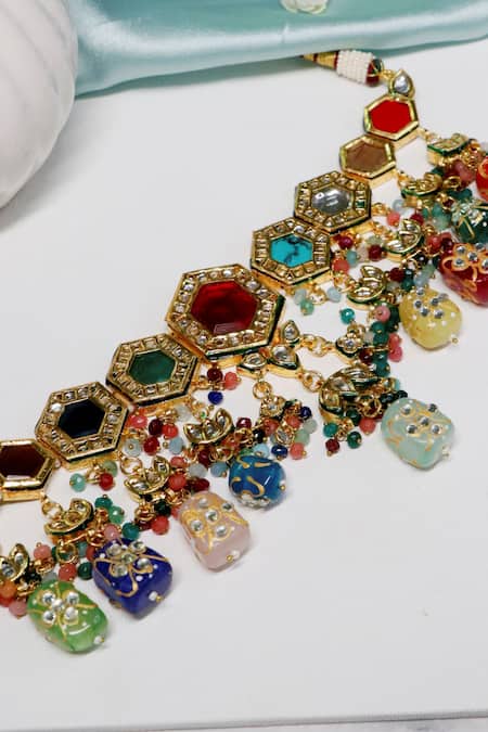 Buy Ishhaara Multi Color Stones Gold Navratna Choker Set Online at Aza Fashions Buy_Ishhaara_Multi Color Stones Gold Navratna Choker Set _Online_at_Aza_Fashions