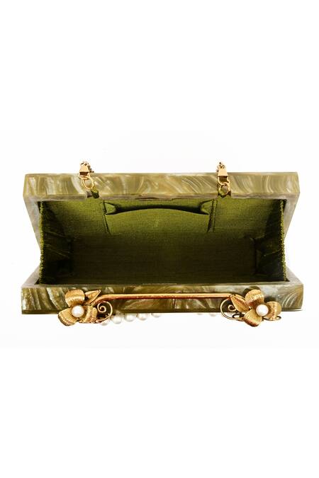 Shop_Miar Designs_Green Abstract Pattern Navyaa Resin Box Clutch_Online_at_Aza_Fashions