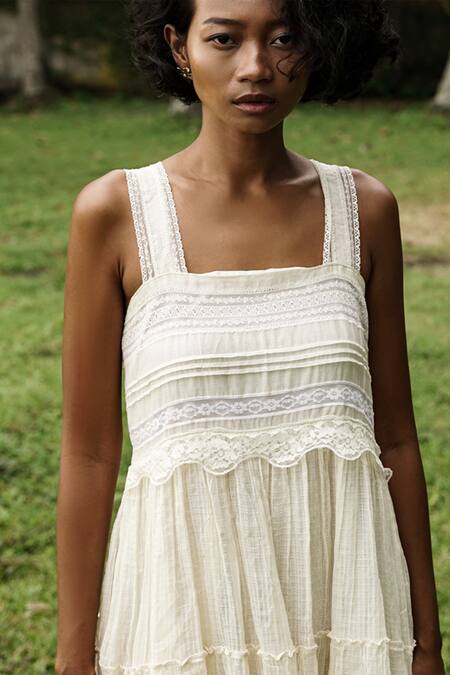 Baju_Ivory 40% , 60% , Chanderi Lace Work Square Sasa Dress_at_Aza_Fashions