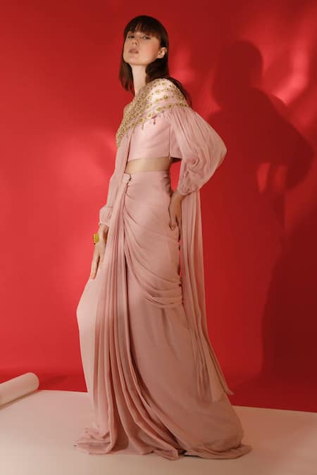 Sanchi Juneja_Grey Metallic Georgette Gold Sequins, Pearl Embroidered Pre-stitched Saree Set _Online_at_Aza_Fashions