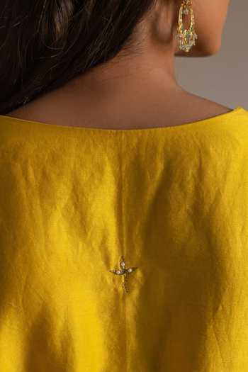 Shorshe Clothing_Yellow Chanderi, Silk Embroidery V-neck And Zari Kurta With Pant_at_Aza_Fashions