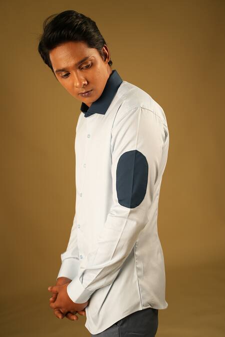 Hilo Design_Blue Oxford And Poplin Lycra Dark Kola Shirt _at_Aza_Fashions