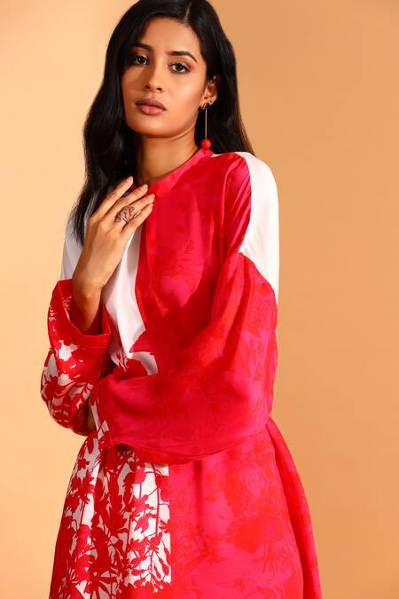 Moh India_Magenta Cupro Printed Floral Round High Neck Colorblock Tunic _at_Aza_Fashions