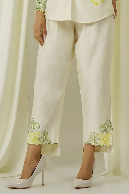 Sakshi Khetterpal Ivory Chanderi Pearls, Beads, Embroidery Collared Shirt And Pant Set Online at Aza Fashions Sakshi Khetterpal_Ivory Chanderi Pearls, Beads, Embroidery Collared Shirt And Pant Set _Online_at_Aza_Fashions