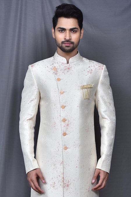 Arihant Rai Sinha_Cream Silk, Jacquard Asymmetric Sherwani Set _Online_at_Aza_Fashions