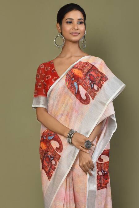 Buy girish Tex Traditional Pink Color Trandy Stylished Elephant Printed  Women's Pure Cotton Kalanjali Printed Saree Without Blouse Piece at  Amazon.in