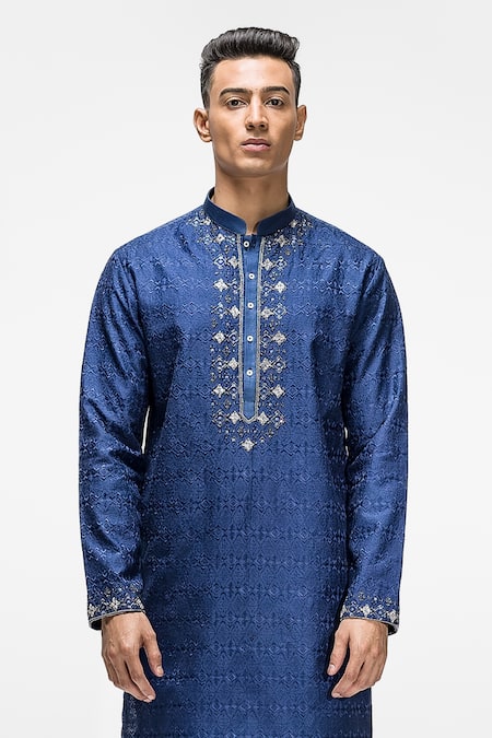 Asuka Blue Chanderi Silk Embroidery French Knots Kurta Set Online at Aza Fashions Asuka_Blue Chanderi Silk Embroidery French Knots Kurta Set _Online_at_Aza_Fashions