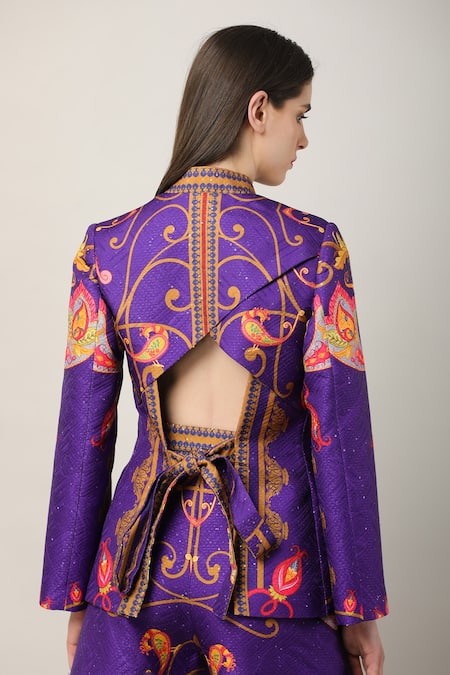 Shop Limerick By Abirr N' Nanki Multi Color Satin Embroidery Bandeau Neck Fern Printed Jacket Online at Aza Fashions Shop_Limerick By Abirr N' Nanki_Multi Color Satin Embroidery Bandeau Neck Fern Printed Jacket _Online_at_Aza_Fashions
