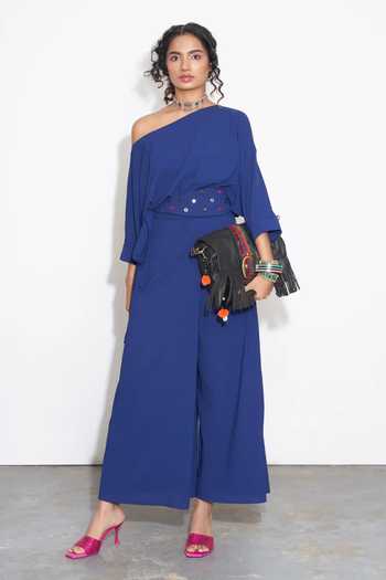 Style Junkiie_Blue Modal Asymmetric Off-shoulder Jumpsuit _at_Aza_Fashions