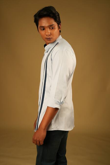 Hilo Design_Blue Oxford, Poplin, Lycra Stripe Pattern Shirt_at_Aza_Fashions