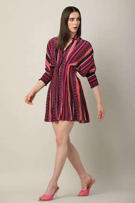 Shop Limerick By Abirr N' Nanki Multi Color Crepe Mandarin Collar Laurel Stripe Print Dress Online at Aza Fashions Shop_Limerick By Abirr N' Nanki_Multi Color Crepe Mandarin Collar Laurel Stripe Print Dress _Online_at_Aza_Fashions