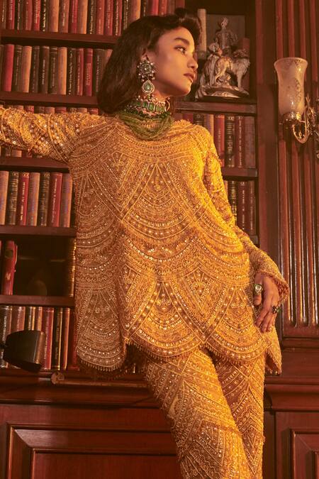 Ridhima Bhasin Yellow Organza Embroidered Sequin Round Wahida Tunic And Palazzo Set Online at Aza Fashions Ridhima Bhasin_Yellow Organza Embroidered Sequin Round Wahida Tunic And Palazzo Set _Online_at_Aza_Fashions