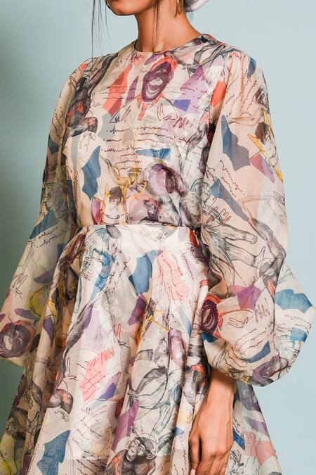 The Dramebaaz CO Ivory Organza, Muslin Round Neck Japanese Macaques Print Top With Skirt Online at Aza Fashions The Dramebaaz CO_Ivory Organza, Muslin Round Neck Japanese Macaques Print Top With Skirt _Online_at_Aza_Fashions