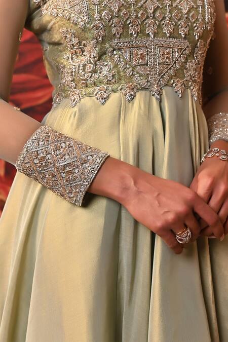 Moledro Green Brocade Diamonds, Embroidery, Ezra Yoke Anarkali With Printed Dupatta at Aza Fashions Moledro_Green Brocade Diamonds, Embroidery, Ezra Yoke Anarkali With Printed Dupatta _at_Aza_Fashions