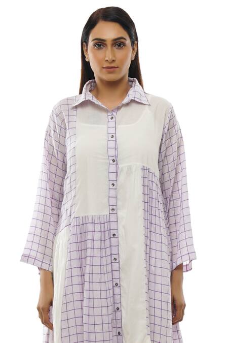Buy_Khat_White Handloom Cotton, Poplin Collared Checkered Pattern Dress And Pant Set 