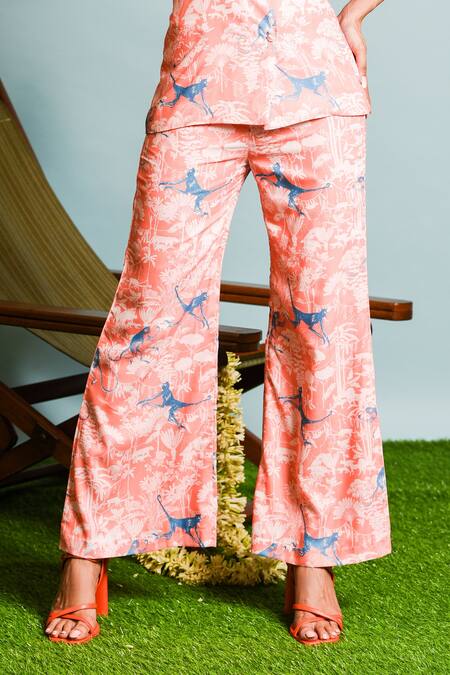 The Dramebaaz CO Orange Muslin V-neck Safari Print Jacket With Flared Pant Online at Aza Fashions The Dramebaaz CO_Orange Muslin V-neck Safari Print Jacket With Flared Pant _Online_at_Aza_Fashions