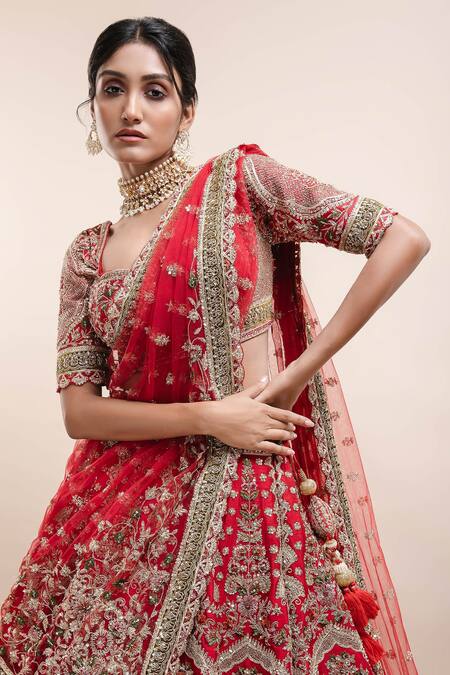 Kalighata Red Silk Cut Work, Sequins, Raw Floret Embellished Bridal Lehenga Set Online at Aza Fashions Kalighata_Red Silk Cut Work, Sequins, Raw Floret Embellished Bridal Lehenga Set _Online_at_Aza_Fashions