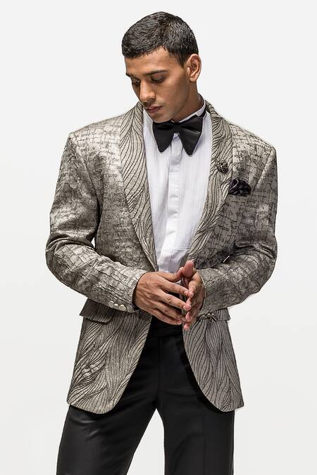 Asuka_Grey Woven Jacquard Abstract Pattern Blazer Set _Online_at_Aza_Fashions