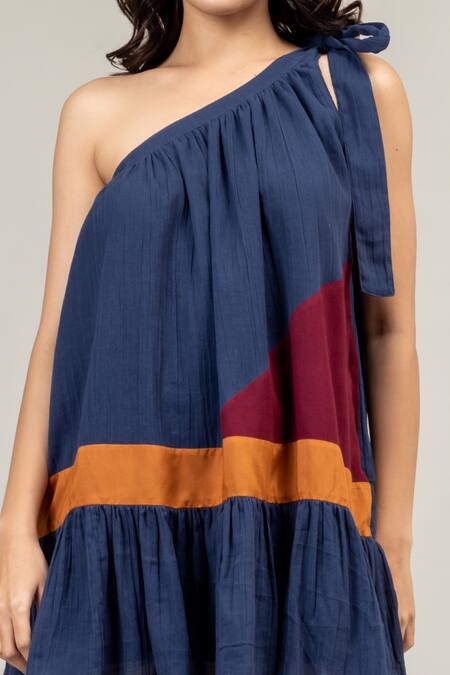 Doodlage_Blue Upcycled Cotton Patches One Shoulder Daryl Tiered Dress_at_Aza_Fashions