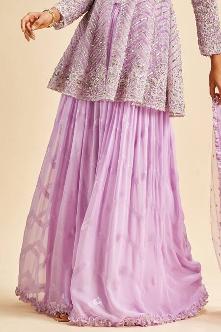Nitika Gujral Purple Sharara Georgette Embroidery Silver Dori V Neck Peplum Top Set Online at Aza Fashions Nitika Gujral_Purple Sharara Georgette Embroidery Silver Dori V Neck Peplum Top Set _Online_at_Aza_Fashions
