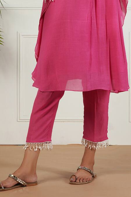 OMI Pink Linen, Crepe Embroidery, Lace Round Neck Floral Yoke Kaftan And Pant Set Online at Aza Fashions OMI_Pink Linen, Crepe Embroidery, Lace Round Neck Floral Yoke Kaftan And Pant Set_Online_at_Aza_Fashions