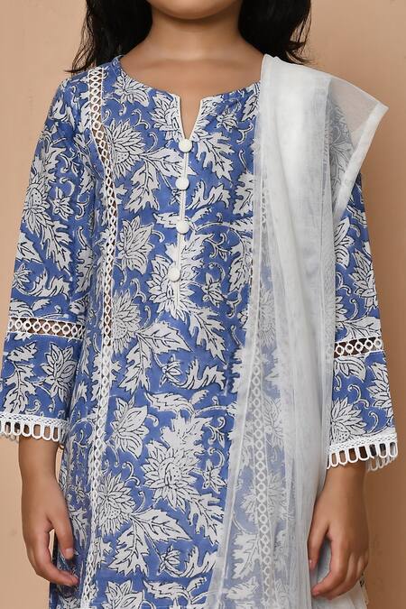 Pankhuri By Priyanka Blue Cotton, Chiffon Lace Garden Hand Block Print Kurta Set Online at Aza Fashions Pankhuri By Priyanka_Blue Cotton, Chiffon Lace Garden Hand Block Print Kurta Set _Online_at_Aza_Fashions