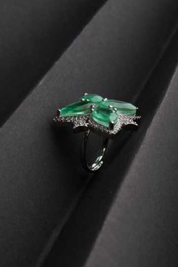 Shop_Mozaati_Green Crystals, Stones Floral Shaped Cubic Zirconia Embellished Ring _Online_at_Aza_Fashions
