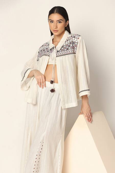 Two Sisters By Gyans White Cotton Embroidery Collared Shirt And Wide Leg Pant Set Online at Aza Fashions Two Sisters By Gyans_White Cotton Embroidery Collared Shirt And Wide Leg Pant Set _Online_at_Aza_Fashions