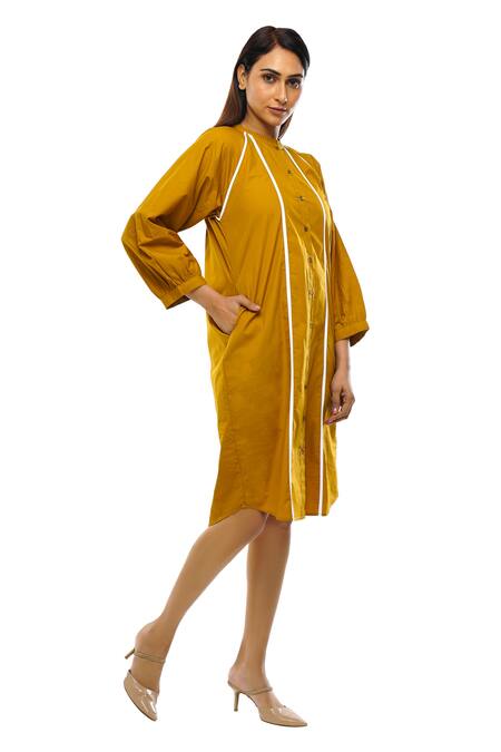 Khat Yellow Cotton Asymmetric Frill Collar Dress And Pant Set at Aza Fashions Khat_Yellow Cotton Asymmetric Frill Collar Dress And Pant Set _at_Aza_Fashions
