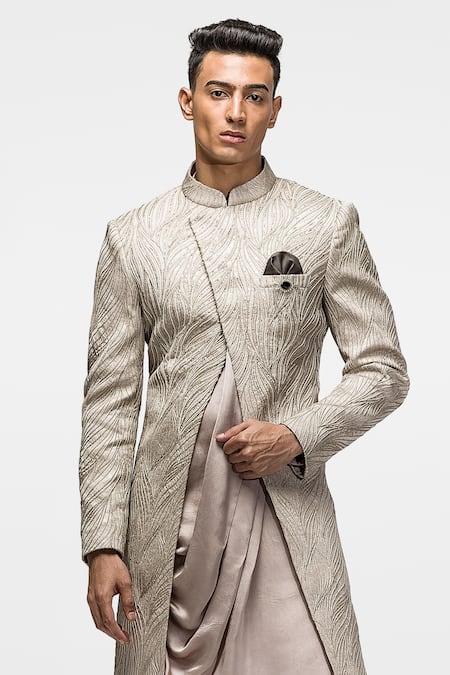 Asuka_Grey Wool, Satin Embroidery, Beads, Diamonds, Sequins Front Slit Achkan Set _Online_at_Aza_Fashions