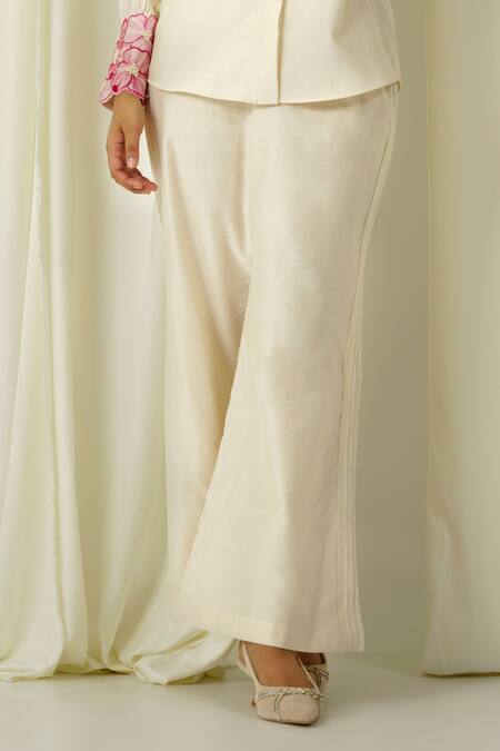 Sakshi Khetterpal Ivory Chanderi Pearls, Beads, Embroidery Collared Shirt And Pant Set Online at Aza Fashions Sakshi Khetterpal_Ivory Chanderi Pearls, Beads, Embroidery Collared Shirt And Pant Set _Online_at_Aza_Fashions