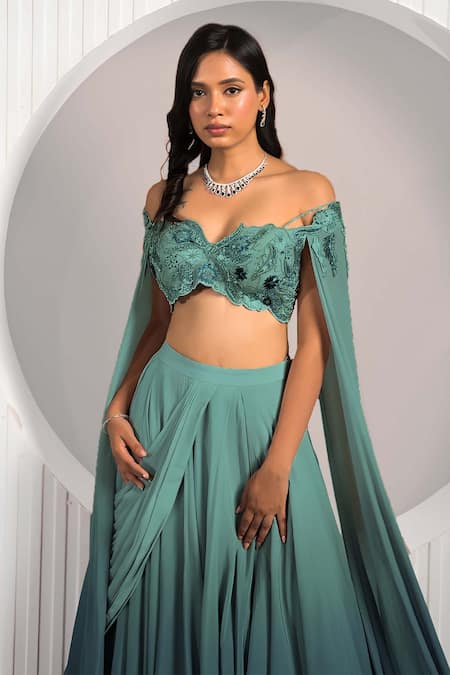 Shop Jade By Ashima Green Crepe Embroidery, Tassels Sweetheart Neck Floral Cape Sleeve Lehenga Set Online at Aza Fashions Shop_Jade By Ashima_Green Crepe Embroidery, Tassels Sweetheart Neck Floral Cape Sleeve Lehenga Set _Online_at_Aza_Fashions