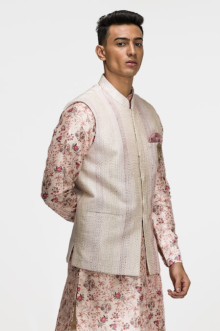 Asuka_Beige Silk, Embroidery Floral Print Kurta Set With Bundi _Online_at_Aza_Fashions