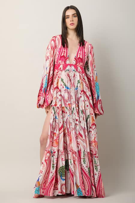 Limerick By Abirr N' Nanki_Multi Color Crepe Embroidered Paisley Hiya Balloon Sleeve Tiered Dress  _at_Aza_Fashions