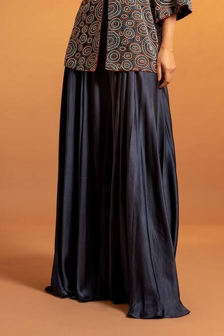 Sejal Kamdar Blue Pure Satin Crepe Ajrak Embellished Jacket And Fluid Pant Set Online at Aza Fashions Sejal Kamdar_Blue Pure Satin Crepe Ajrak Embellished Jacket And Fluid Pant Set _Online_at_Aza_Fashions