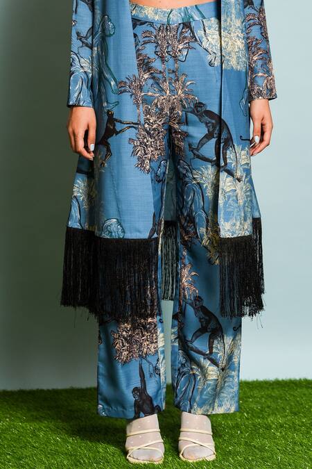 The Dramebaaz CO_Blue Linen Tassels Open Neck Mandril Print Jacket With Pant _Online_at_Aza_Fashions