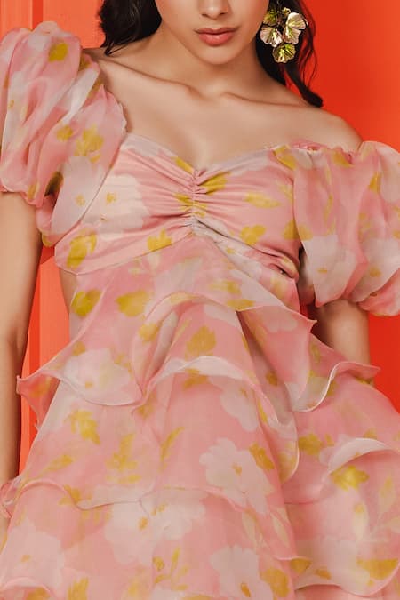July Issue_Peach Organza, Crepe Sweetheart Neck Edna Floral Pattern Dress _Online_at_Aza_Fashions