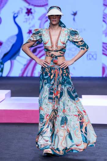 Limerick By Abirr N' Nanki_Multi Color Crepe Embroidery Plunge Neck Lile Peacock Print Crop Top _at_Aza_Fashions