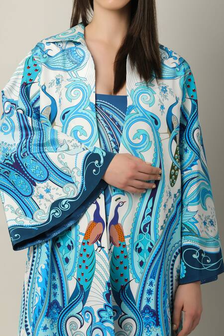 Limerick By Abirr N' Nanki_Multi Color Crepe Embroidery Collared Valentia Long Printed Jacket _at_Aza_Fashions