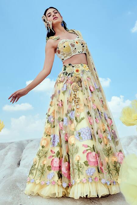 Nikita Vishakha_White Silk, Net Pearls, Fabric Flowers, Mirrors, Resham Embroidered Lehenga Set _at_Aza_Fashions