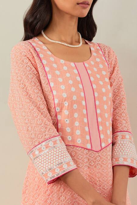 The Indian Cause Peach Cotton Embroidery Chikankari Round Rooh Kurta And Palazzo Set at Aza Fashions The Indian Cause_Peach Cotton Embroidery Chikankari Round Rooh Kurta And Palazzo Set _at_Aza_Fashions
