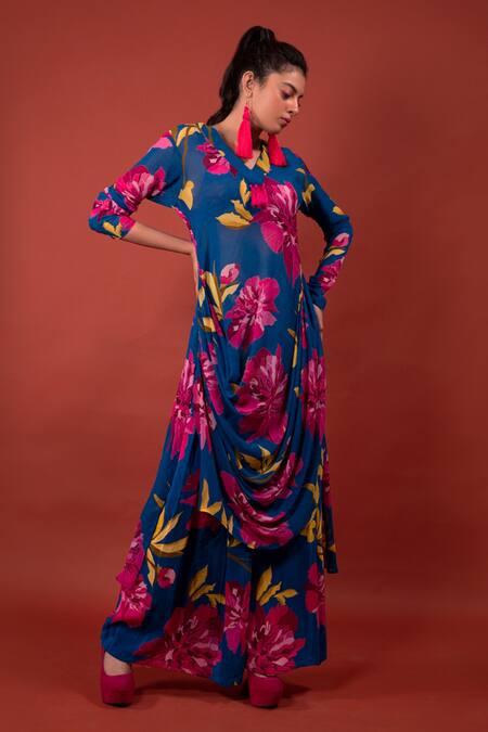 Buy Rimi Nayak Blue Georgette V-neck Chrysanthemum Flower Print Draped Kurta Online at Aza Fashions Buy_Rimi Nayak_Blue Georgette V-neck Chrysanthemum Flower Print Draped Kurta _Online_at_Aza_Fashions