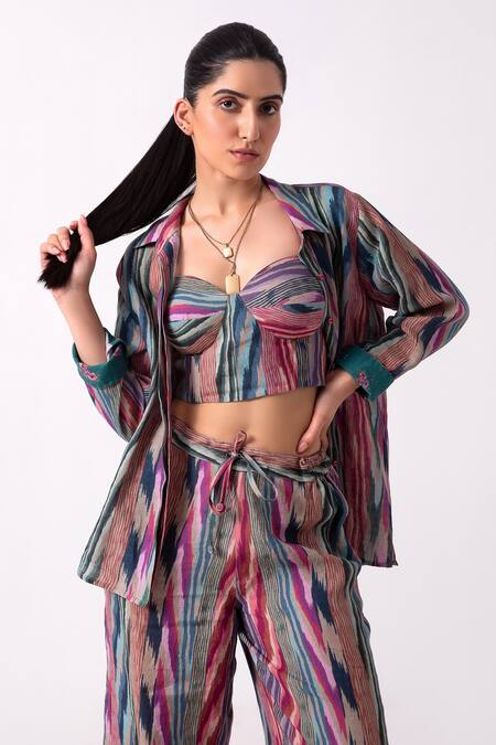 Buy Label Shreya Sharma Multi Color Linen Embroidery Collared Ikat Print Jacket And Pant Set Buy_Label Shreya Sharma_Multi Color Linen Embroidery Collared Ikat Print Jacket And Pant Set