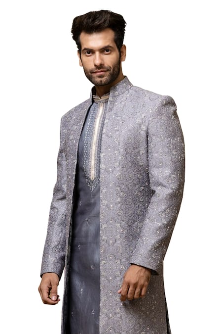 Asuka Gray Chanderi Silk Embroidery Grey Sherwani Set Online at Aza Fashions Asuka_Gray Chanderi Silk Embroidery Grey Sherwani Set _Online_at_Aza_Fashions