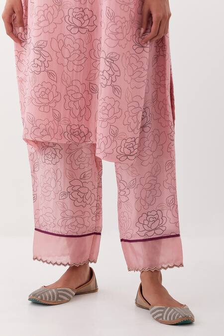 Buy Amisha Kothari Pink Cotton, Silk Organza Zari, Piping Keyhole Gulposh Printed Rosette Kurta Set Buy_Amisha Kothari_Pink Cotton, Silk Organza Zari, Piping Keyhole Gulposh Printed Rosette Kurta Set