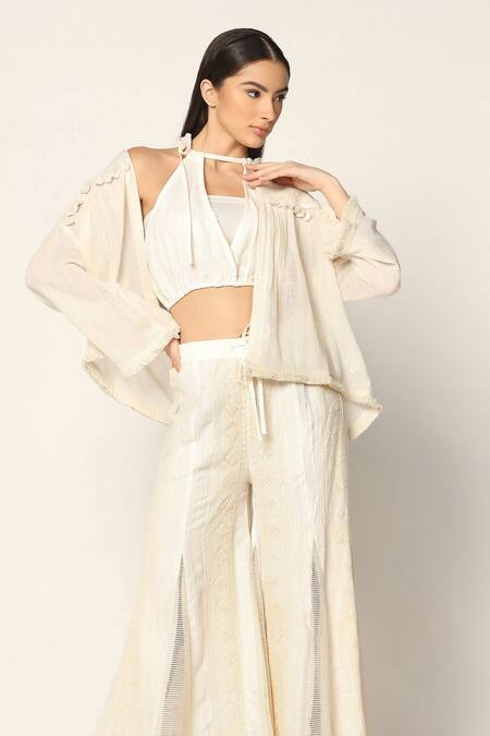 Two Sisters By Gyans Off White Cotton Tassels, Embroidery, Beads Collared, Woven Jacket And Pant Set Online at Aza Fashions Two Sisters By Gyans_Off White Cotton Tassels, Embroidery, Beads Collared, Woven Jacket And Pant Set _Online_at_Aza_Fashions