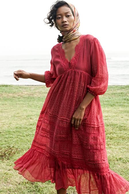 Baju_Red 40% , 60% , Chanderi Lace Work V Neck Soy Midi Dress_at_Aza_Fashions