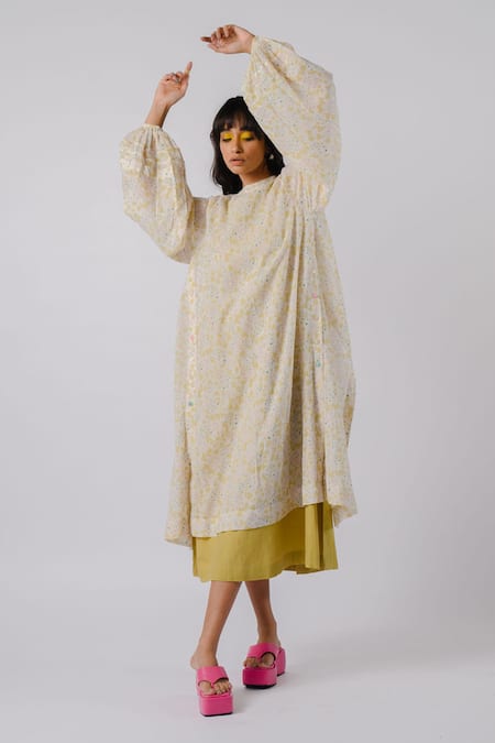 Shop Tussah By Siddhi Shah Green Cotton Round Neck A-line Dress With Printed Overlay Online at Aza Fashions Shop_Tussah By Siddhi Shah_Green Cotton Round Neck A-line Dress With Printed Overlay _Online_at_Aza_Fashions