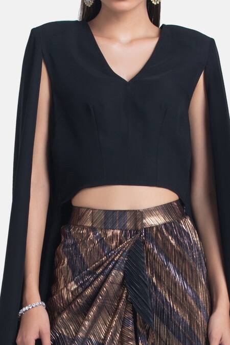 431-88 by Shweta Kapur_Black Japanese Crepe Plain V Neck Neha Fall Drape Cape  _Online_at_Aza_Fashions